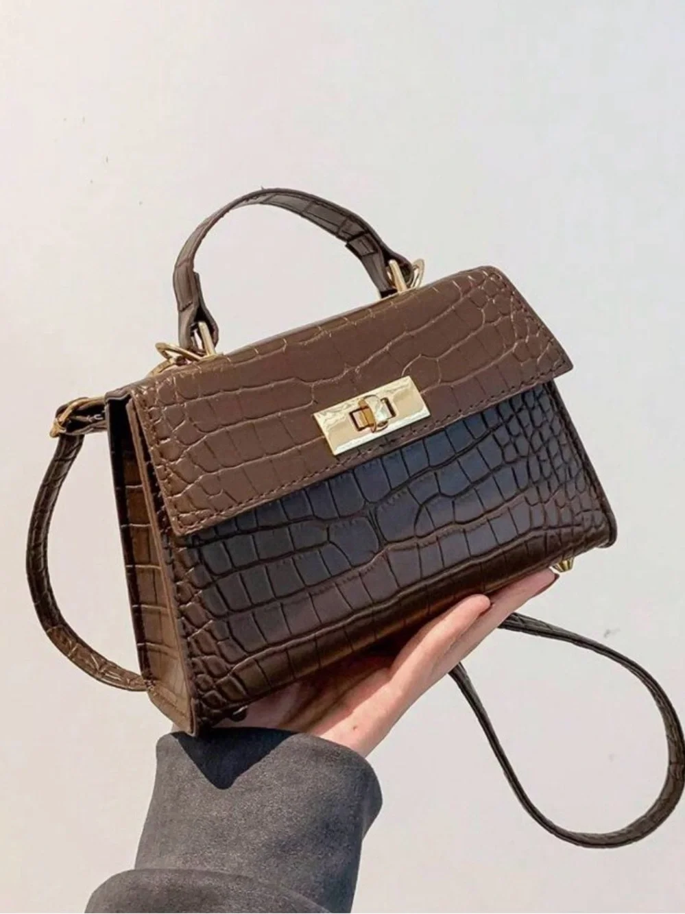 Coffee Brown Croc-Embossed Mini Top Handle Bag With Gold-Tone Clasp w/ Twilly